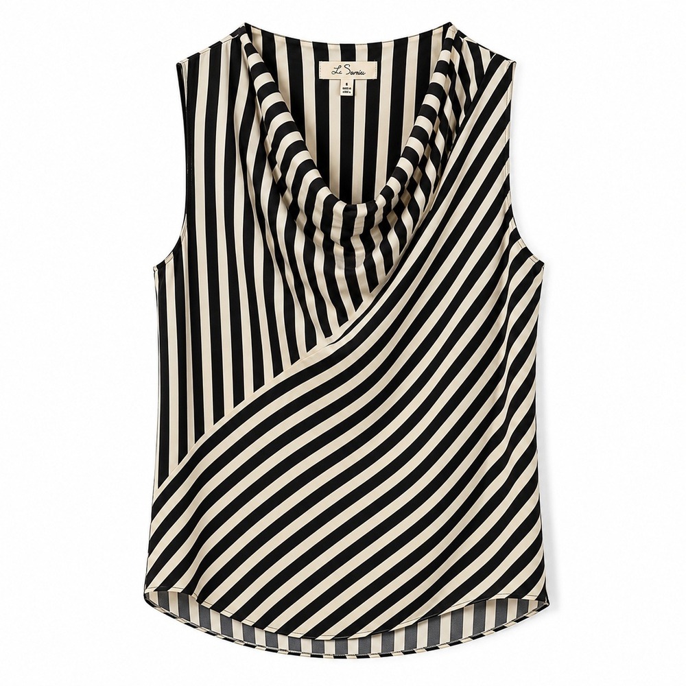 Les Serein Betty Cowl Neck Blouse Black Striped Sleeveless Top Size S NWT